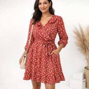 Ann Taylor Dress 12 NWT Orange Floral Long Sleeve Ruffle Neck & Hem